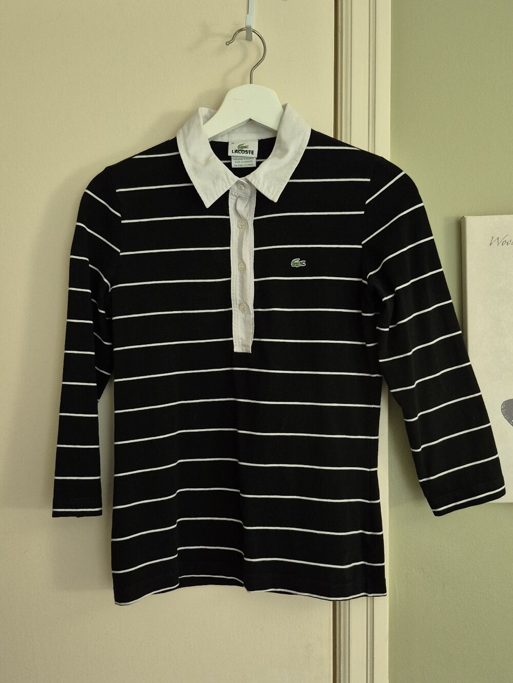 Lacoste Black & White Striped Cotton Collared Shirt, Fits S-M